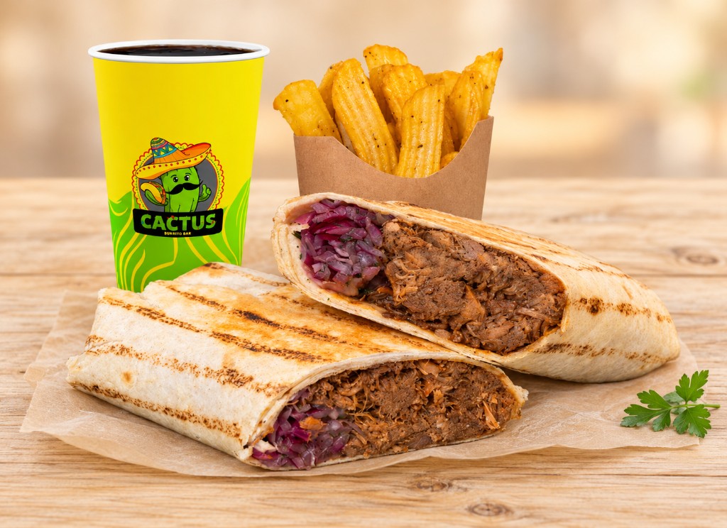 Pork burrito combo. Juicy pulled pork with BBQ sauce and pickled onions, potatoes and a drink.