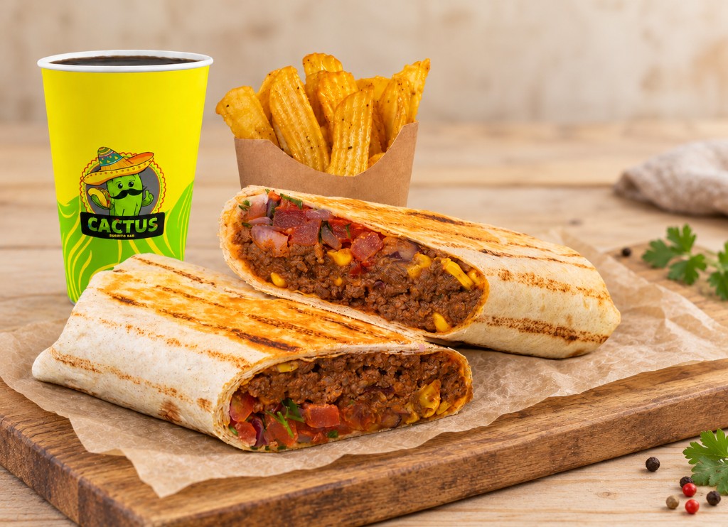 Classic burrito combo. Classic burrito, potatoes and a drink.