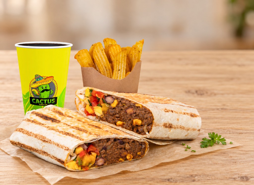 Mango burrito combo. Mango burrito, potatoes and a drink.