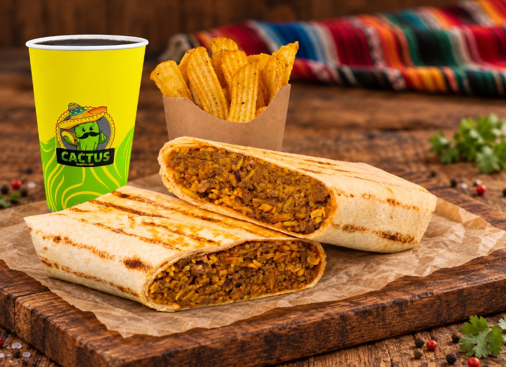 Rice burrito combo. Rice burrito, potatoes and a drink.
