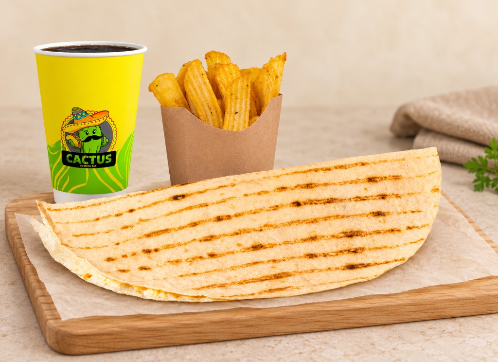 Quesadilla combo. Quesadilla in three kinds — with 3 cheeses, pork or beef — potatoes and a drink.