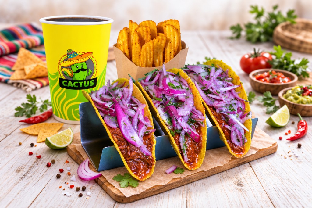 Pork taco combo. Three crispy tacos with pork in BBQ sauce, pickled onions, potatoes and a drink.