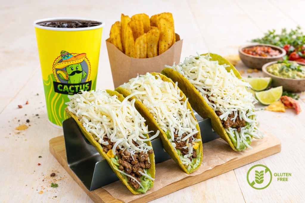 Guacamole taco combo. Three crispy tacos with guacamole and cheese, potatoes and a drink.
