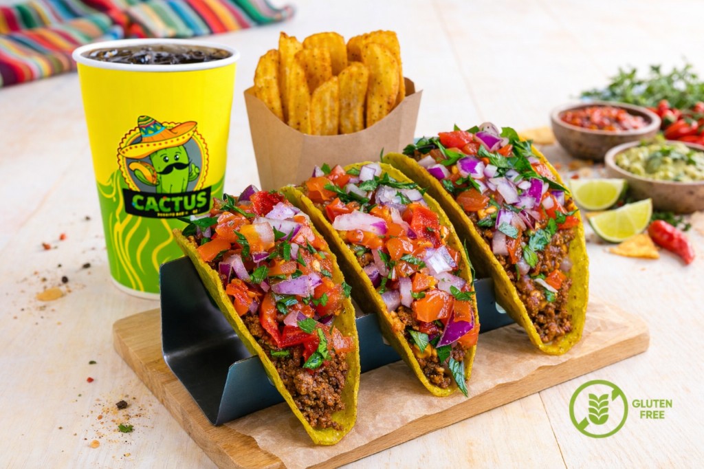Salsa taco combo. Three crispy tacos with classic salsa, potatoes and a drink.